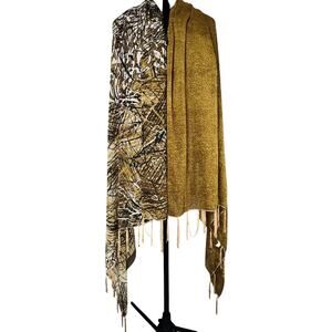 VTG Scarf Shawl Split Pattern Half Camouflage Wood Sheer Long Layer Sheer Tassel